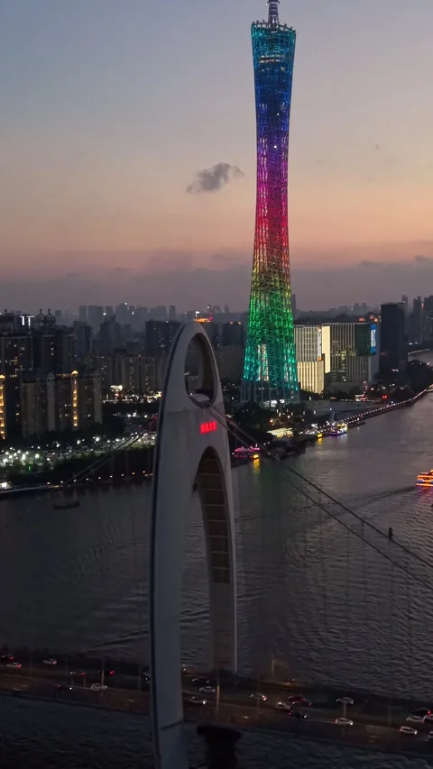 Vertical Golden Sunset Over Pearl River, Liede Bridge, Canton Tower Stock Footage 337021982