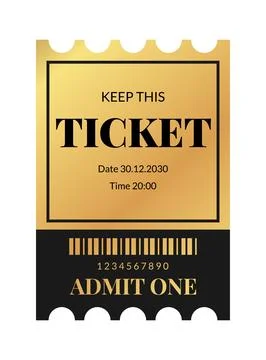 Vertical golden ticket template design. Cinema, theater, casino, concert, f.. Illustrazione stock