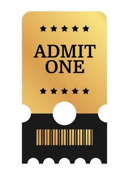 Vertical golden ticket template design, admit one, barcode. Cinema, theater.. Illustrazione stock