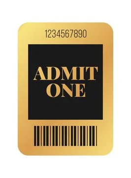 Vertical golden ticket template design admit one. Cinema, theater, casino, .. Stock Illustration