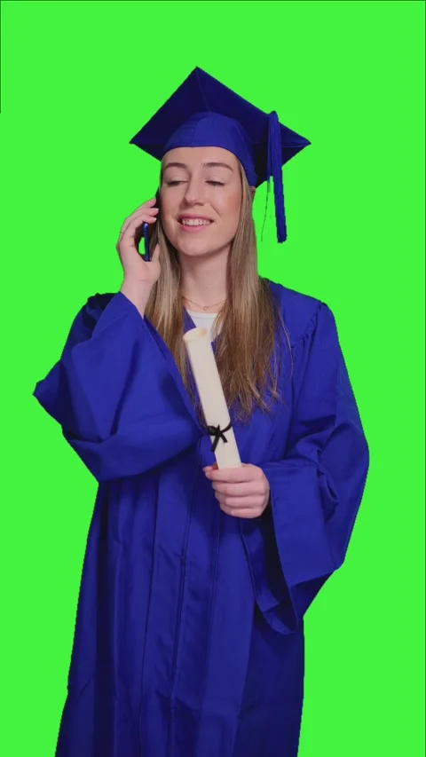 Vertical Graduated student talking on phone with diploma, green screen Stock Footage 302401735