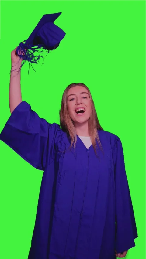 Vertical Graduated student throwing graduation cap on green screen Stock Footage 302401733