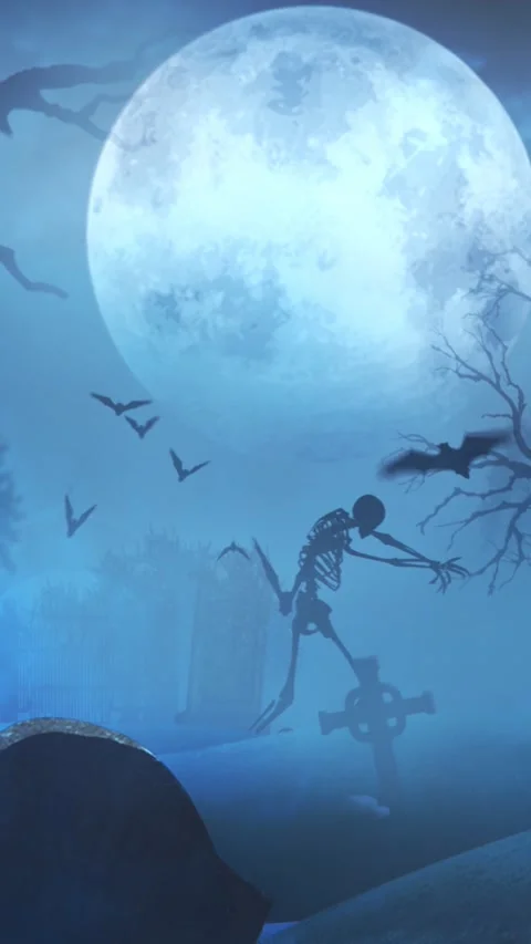 Vertical Graveyard at Midnight with Full Moon Skeleton 4K Stock Footage 275616907