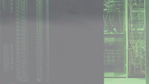 Vertical gray band shifting light and flickering down server room aisle, Stock Footage 333061287