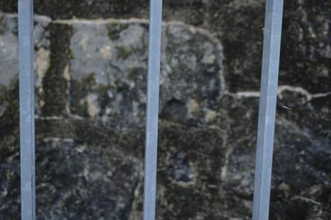 Vertical gray bars in the foreground obscure a textured moss-covered stone wall 库存照片