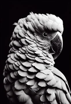Vertical grayscale closeup of a 3D rendering of macaw parrot on the black backgr Stock Illustration