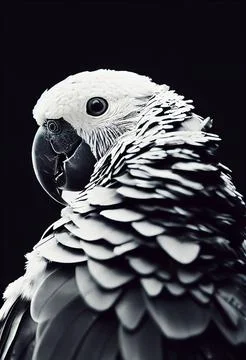 Vertical grayscale closeup of a 3D rendering of macaw parrot on the black backgr Stock Illustration