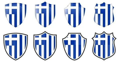 Vertical Greece flag in shield shape, four 3d and simple versions. Greek i... Stock Photos