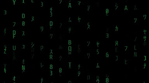 Vertical Green Alphanumeric Characters Descend on a Black Screen, Creating a Stock Footage 281455355