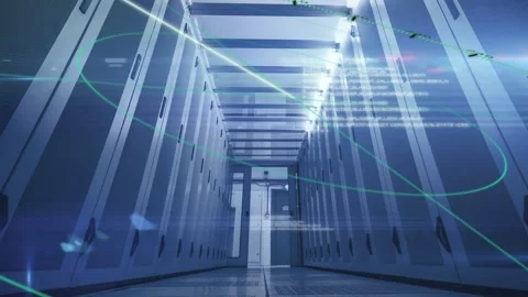 Vertical green beam appearing, server aisle sending teal and white beams, data, Stock Footage 332772239