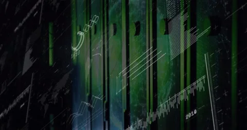 Vertical green data pillars glowing and shifting in dark digital interface, with Stock Footage 308571257