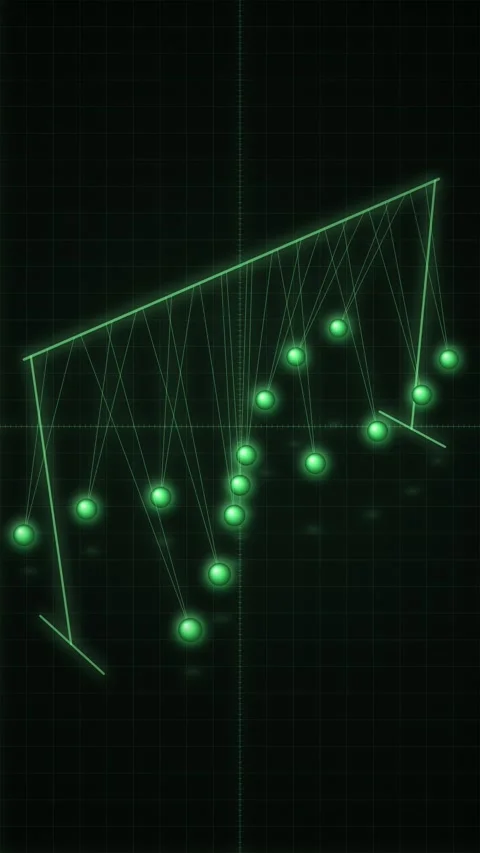 Vertical green phosphor pendulum wave with glowing balls swinging on string.. Vídeos de archivo 348289943
