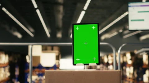 Vertical green screen mockup tablet in empty fulfillment center Stock Footage 330140129