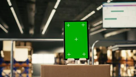 Vertical green screen mockup tablet in empty fulfillment center Stock Photos