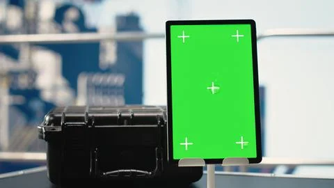 Vertical green screen tablet on drilling barge displaying maintenance dashboard Stock Photos