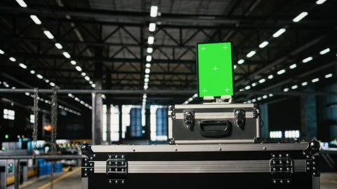 Vertical green screen on tablet in empty industrial factory Stock Photos