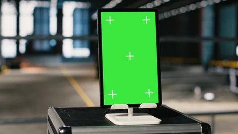 Vertical green screen on tablet in empty industrial factory Stock Photos