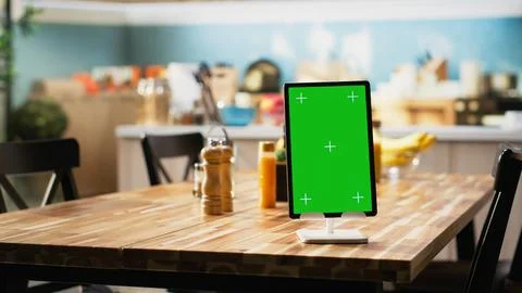 Vertical green screen on tablet in empty wooden stylish kitchen space Stock Photos