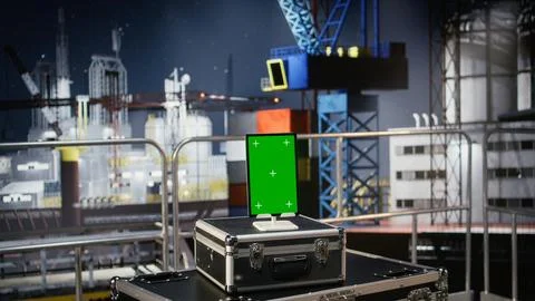 Vertical green screen tablet on empty oil rig connected to a dashboard Stock Photos