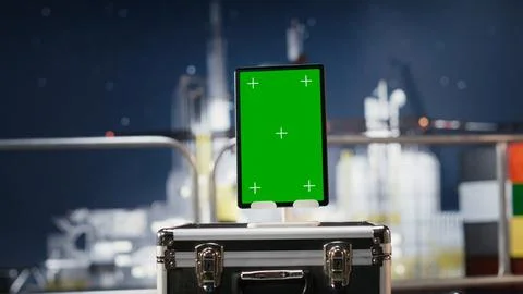Vertical green screen tablet on empty oil rig connected to a dashboard Stock Photos