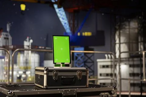 Vertical green screen tablet on empty oil rig connected to a dashboard Stock Photos
