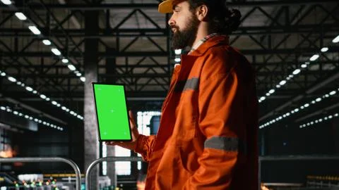 Vertical green screen on tablet held by male engineer in heavy industry plant Stock Photos