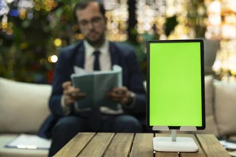 Vertical green screen tablet mockup with CEO reviewing earnings reports Foto stock