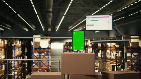 Vertical green screen on tablet in modern warehouse storage facility Stock Footage 330376750