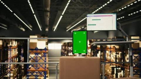 Vertical green screen on tablet in modern warehouse storage facility Fotos Stock