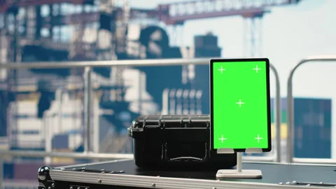 Vertical green screen tablet on offshore platform Stock Footage 319970423