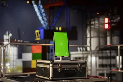 Vertical green screen used for mechanical maintenance program on oil platform Stockfoto's