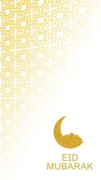 A vertical greeting card for Eid Mubarak featuring a golden Islamic geometr.. Illustrazione stock