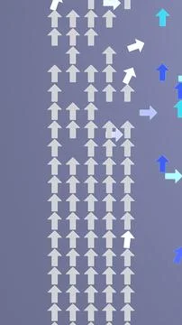 Vertical grid of white arrows with colored arrows breaking direction in abs.. Stock Photos