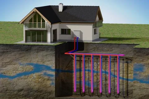 Vertical ground source heat pump system for heating home with geothermal ener Foto stock