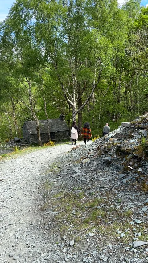 Vertical. Group of 3 people exploring abandoned slate quarry outside 스톡 동영상 309226274
