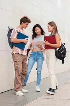 Vertical. Group of classmates talking about the class, standing at university Stock Photos