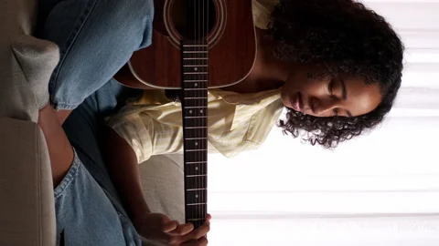 Vertical guitar play learning music study woman Stock Footage 255184300