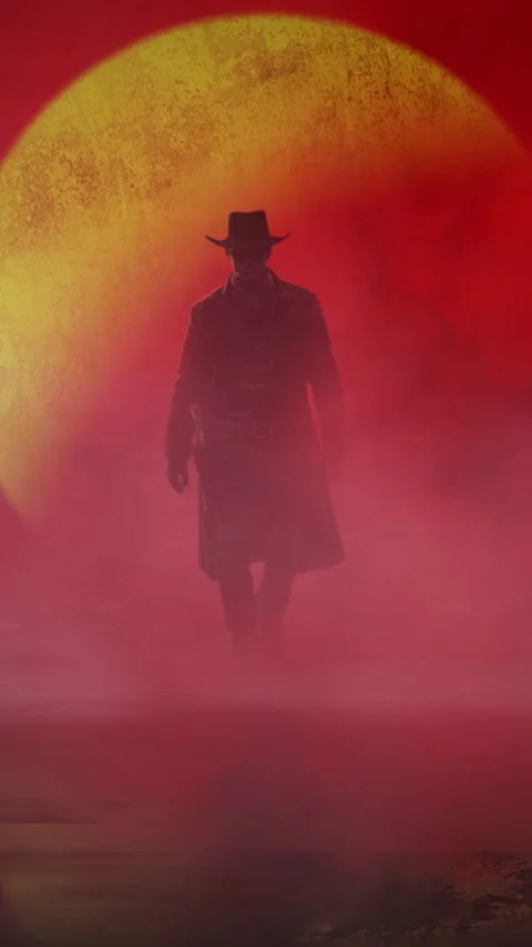 Vertical Gunslinger Silhouette with Red Full Moon 4K Видео 343277215