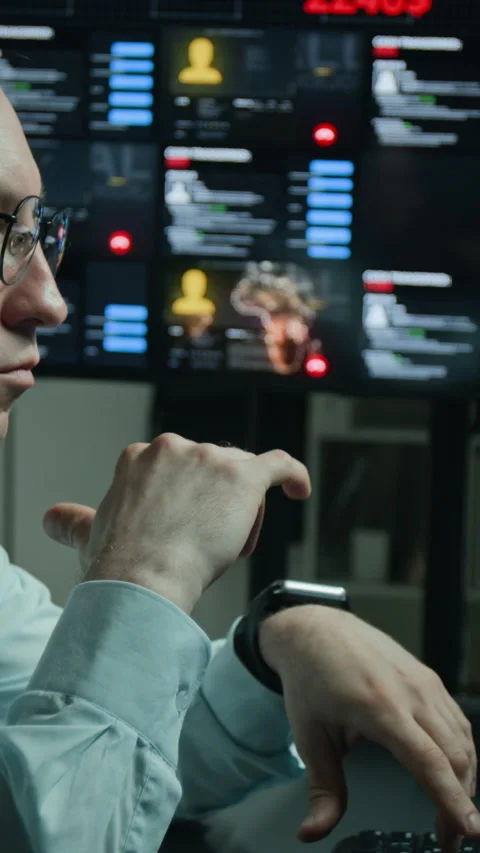 Vertical of Hacker Analyzing Data on Multiple Computer Screens in Scam Office Stock Footage 346713587