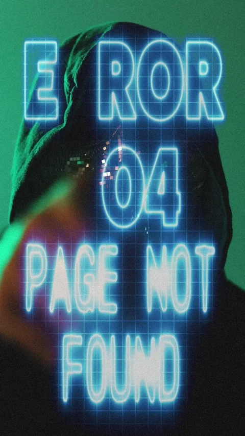 Vertical Hacker in Hoodie with Mask Using Laptop in Darkness Error 404 Glitch Stock Footage 317999203