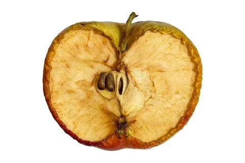 Vertical half apple cross?section, oxidized core, wrinkled dehydrated skin Stock Photos
