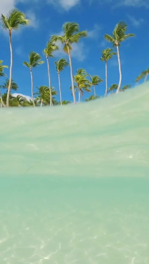 Vertical half underwater slow motion turquoise sea water at the tropical hotels Stock Footage 291011318