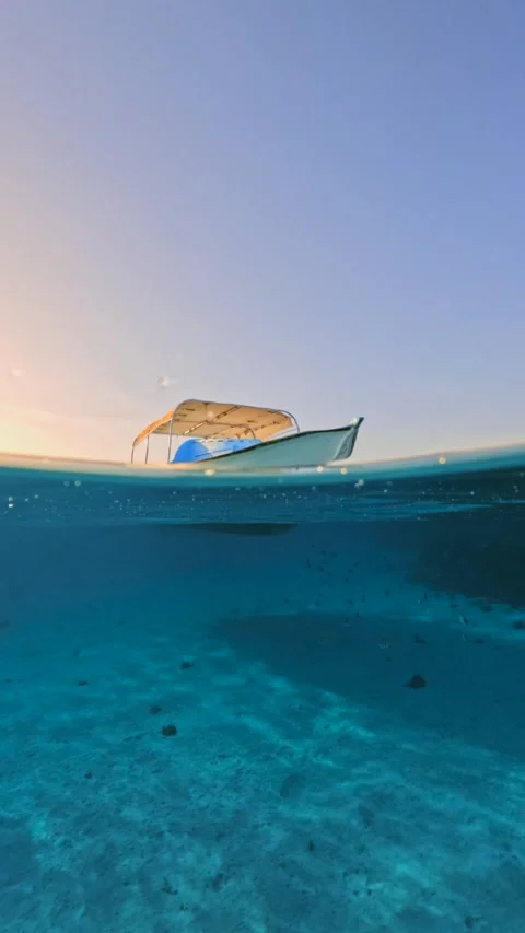 Vertical Half Underwater View of Tropical scene With Anchored Fishing Boat In Stock Footage 324554175