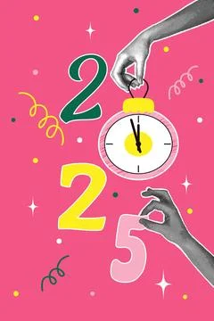 Vertical halftone collage. 2025 Concept of holiday, fun. Human hand holding Stock Illustration
