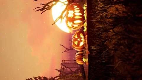 Vertical Halloween animated 4k background. scary and Spooky pumpkin in fire Stock Footage 157936284
