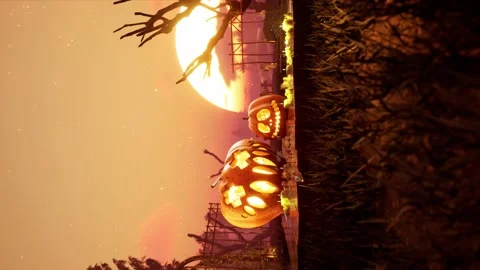 Vertical Halloween animated 4k background. scary and Spooky pumpkin in fire Stock Footage 157958552