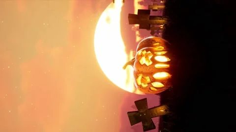Vertical Halloween animated 4k background. scary and Spooky pumpkin in fire Stock Footage 157968230