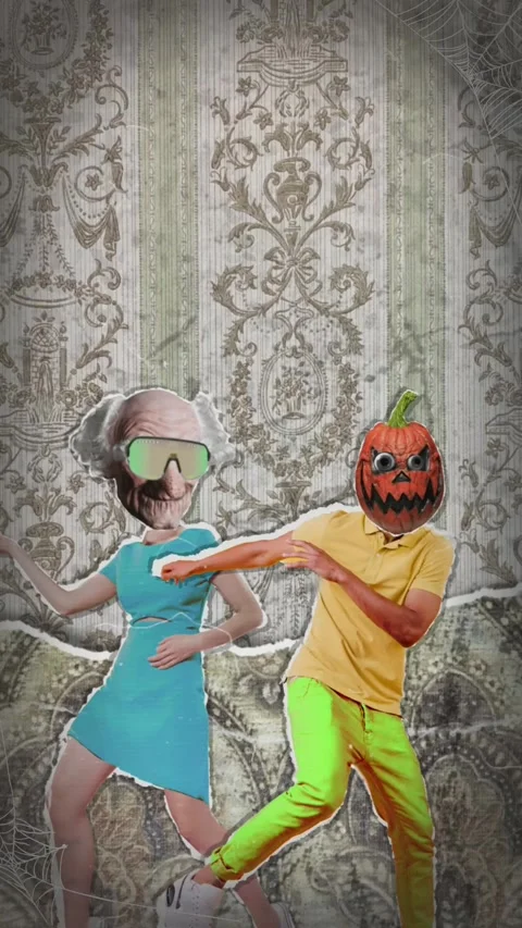 Vertical Halloween Animated Scene with Dancing Couple Wearing Pumpkin Stock Footage 316764442