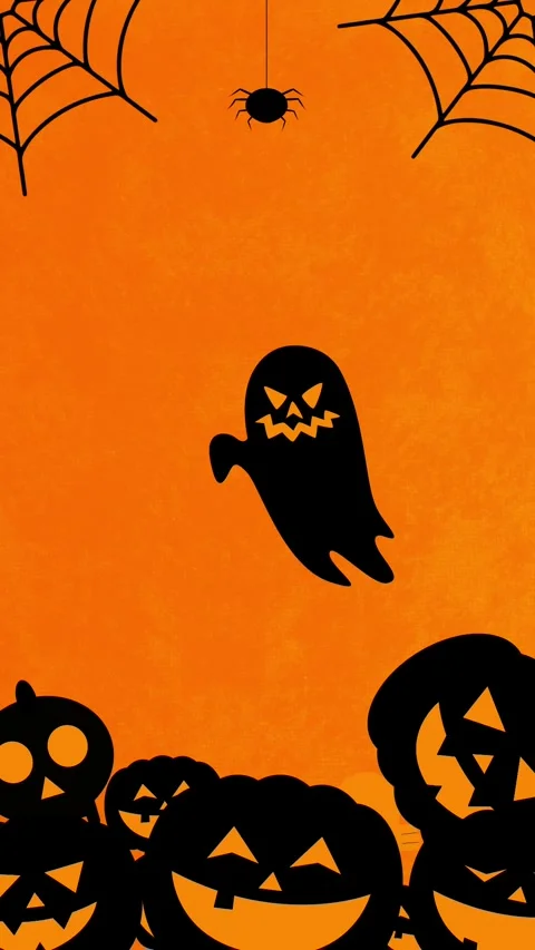 Vertical Halloween Animated Scene with Ghost, Pumpkins, Spiderwebs, and Spider Stock Footage 316123671