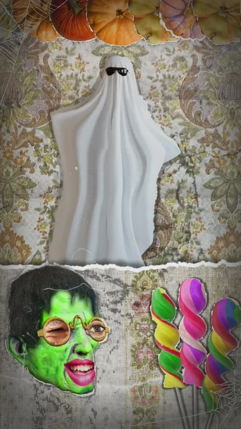 Vertical Halloween Animated Scene with Ghost, Green-Faced Person Stock Footage 316764412